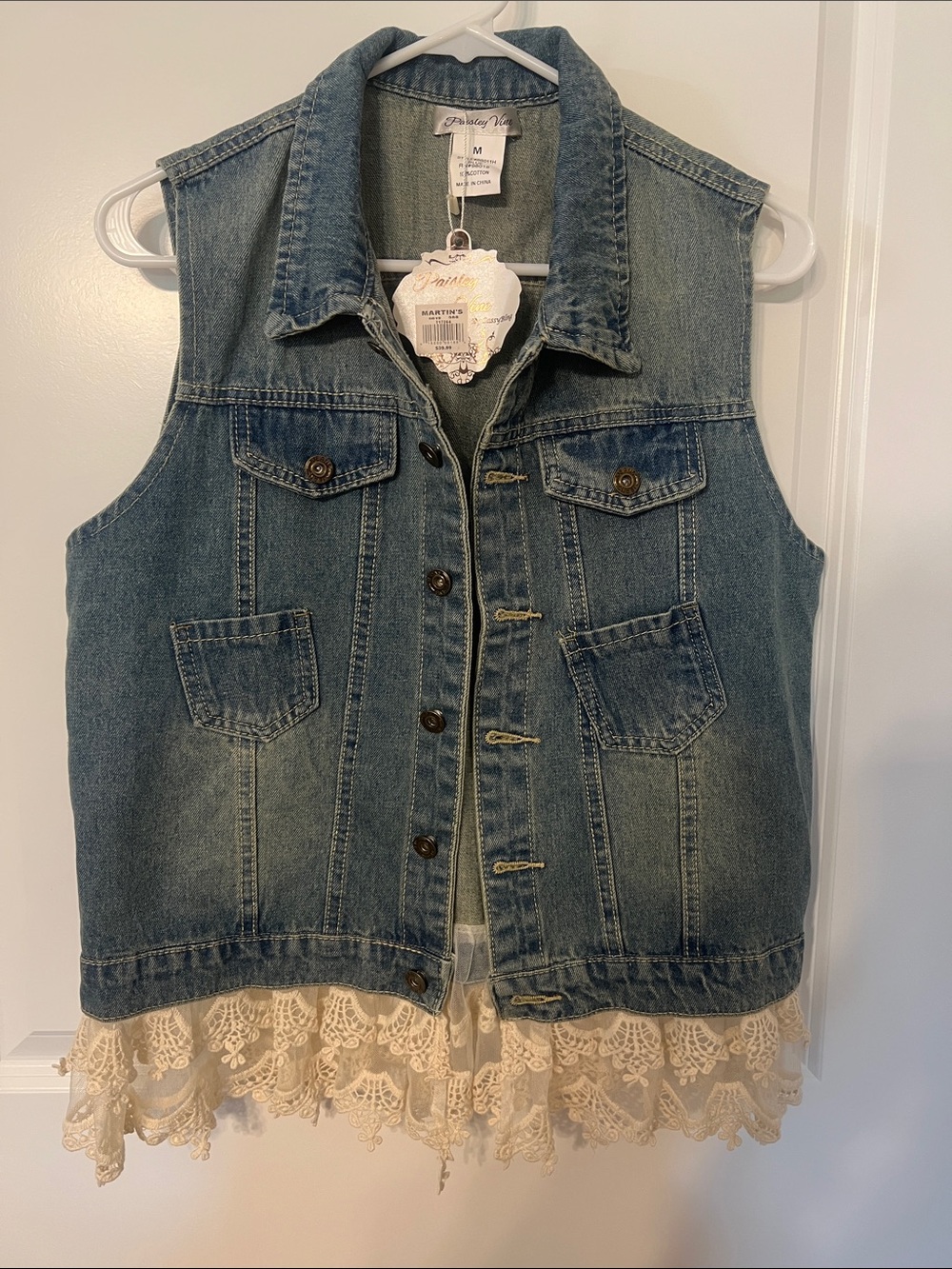 Denim Vest with Cream Lace Hem - Size M